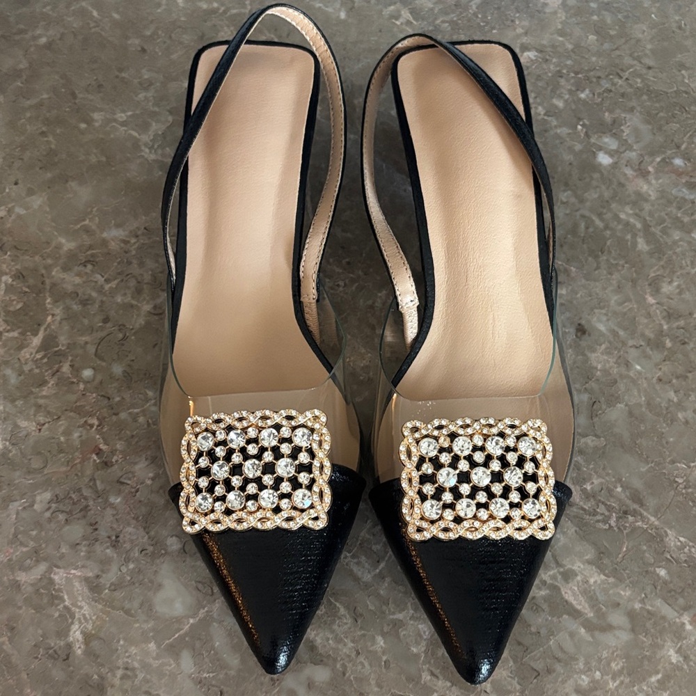 Black Pointed Slingback Heels with Gold Crystal Buckle